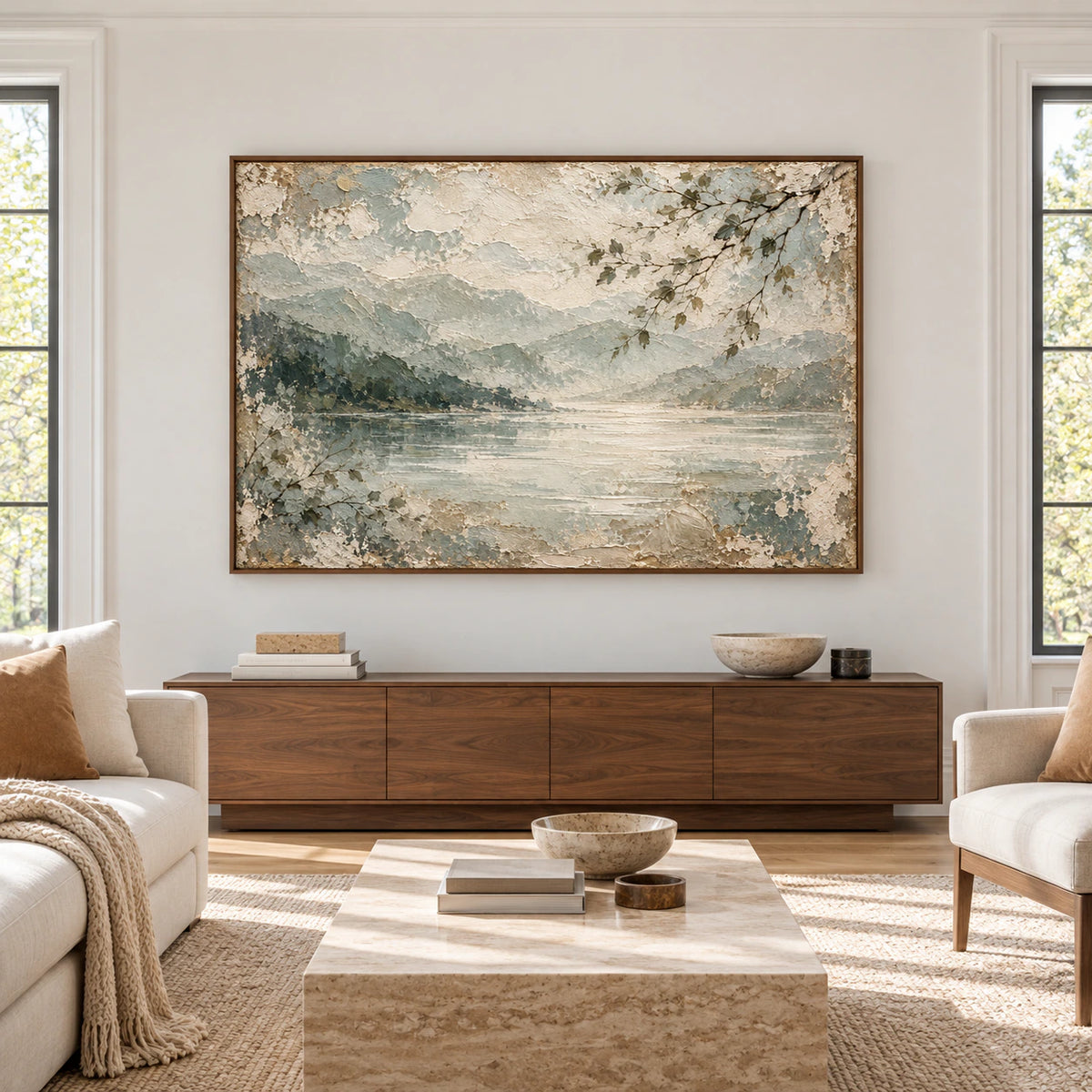 Large horizontal Willow-Inlet artwork displayed straight-on above a low console in a spacious, sunlit living room.