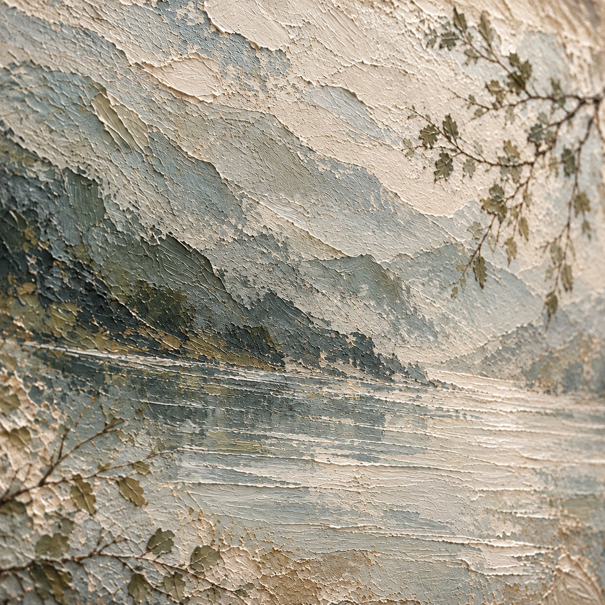 Willow-Inlet oil painting brushwork and impasto detail photographed from an oblique side angle