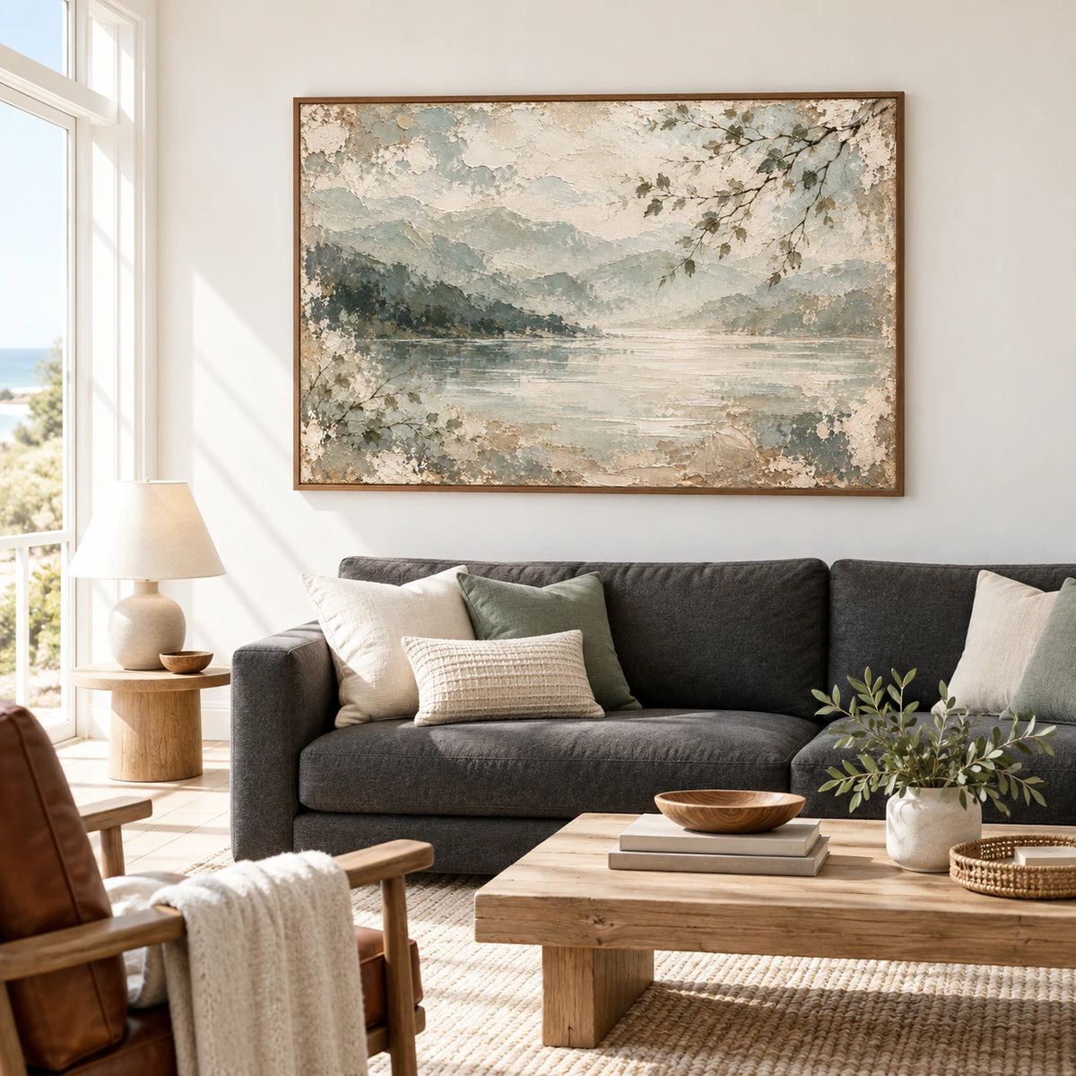 Willow-Inlet artwork above a simple charcoal sofa in a bright living room with pale walls and clear natural daylight.