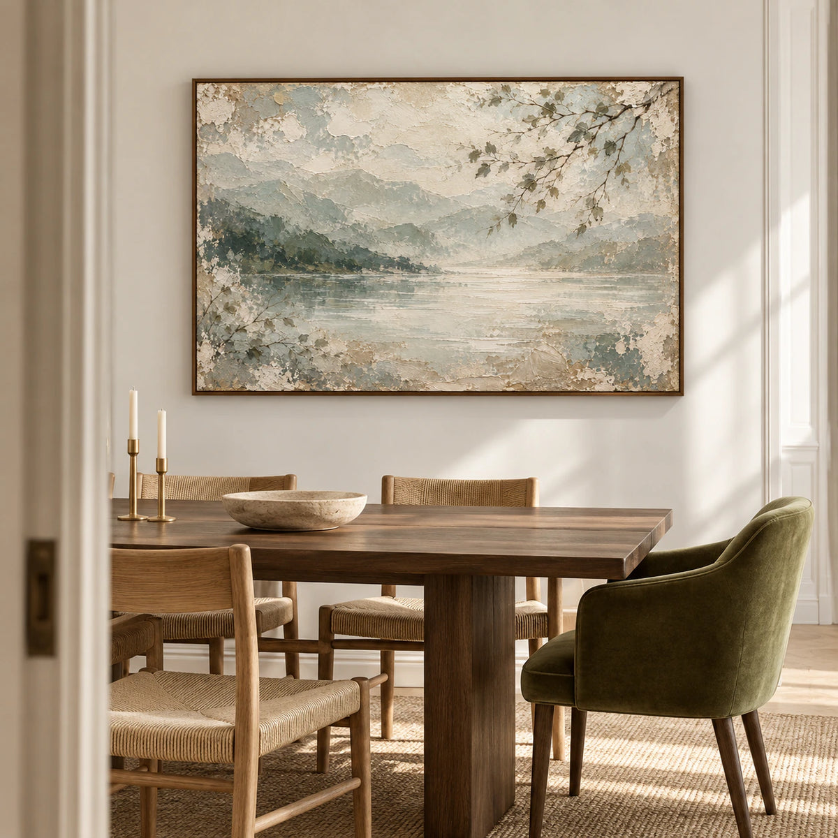 Willow-Inlet artwork above a dark walnut dining table in a refined dining room with warm white walls and generous daylight.