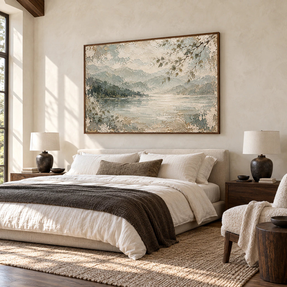 Willow-Inlet artwork above a low bed in a quiet, bright bedroom with crisp linen and soft shadow detail.