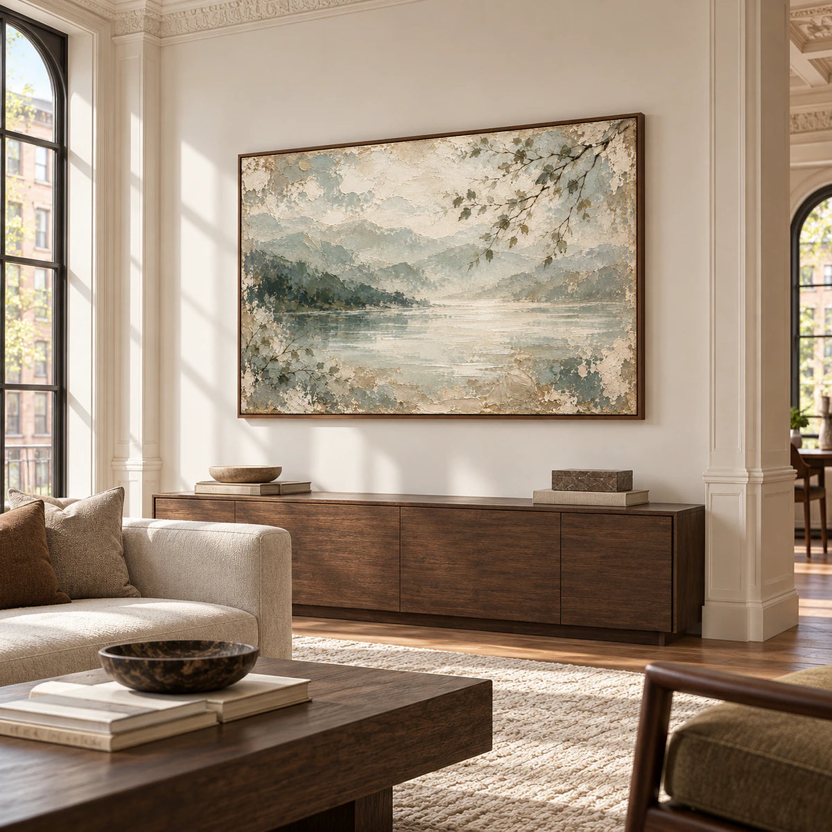 Willow-Inlet artwork displayed at large scale in an expansive loft interior with restrained furnishings, tall windows and natural daylight.