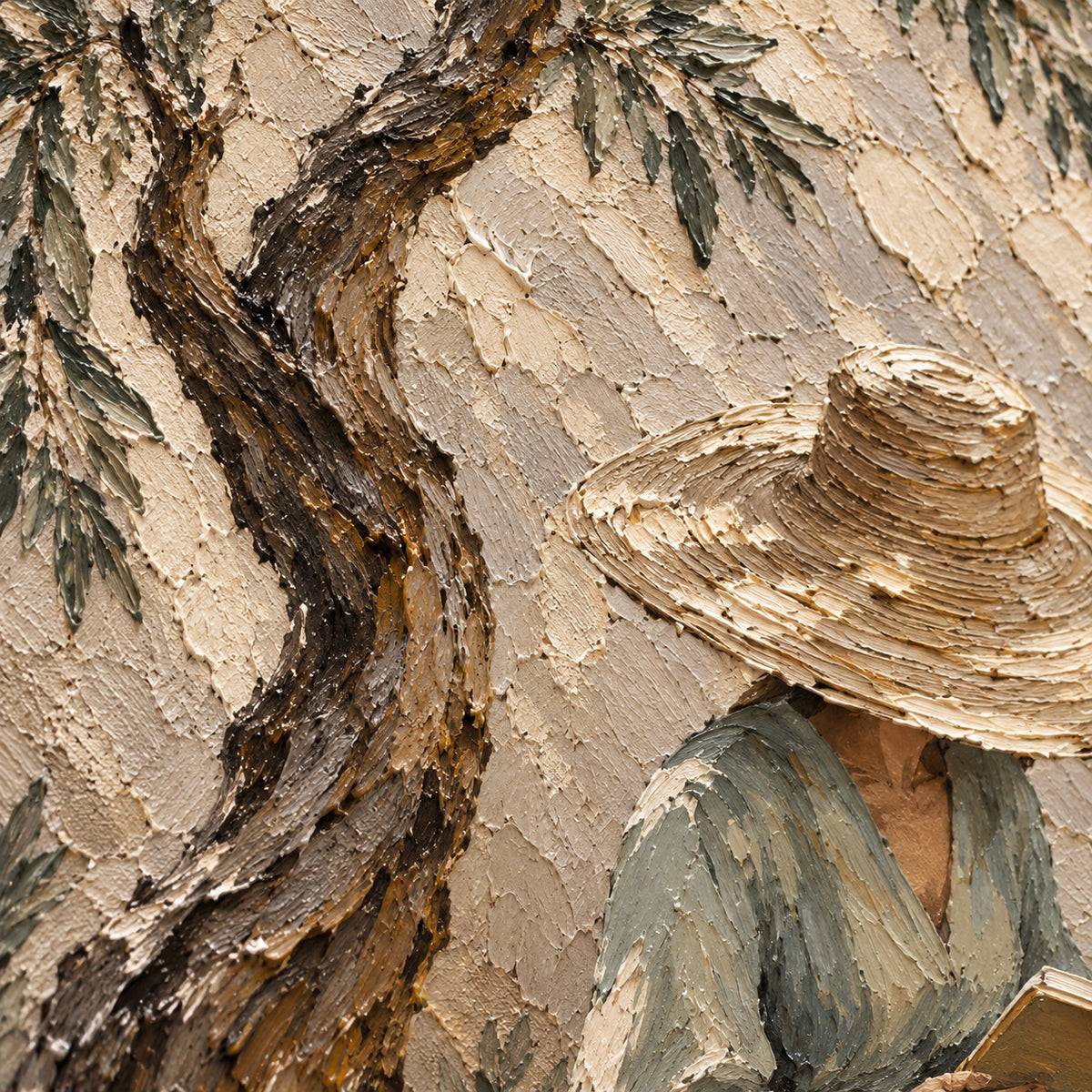 Willow-Interlude oil painting brushwork and impasto detail photographed from an oblique side angle