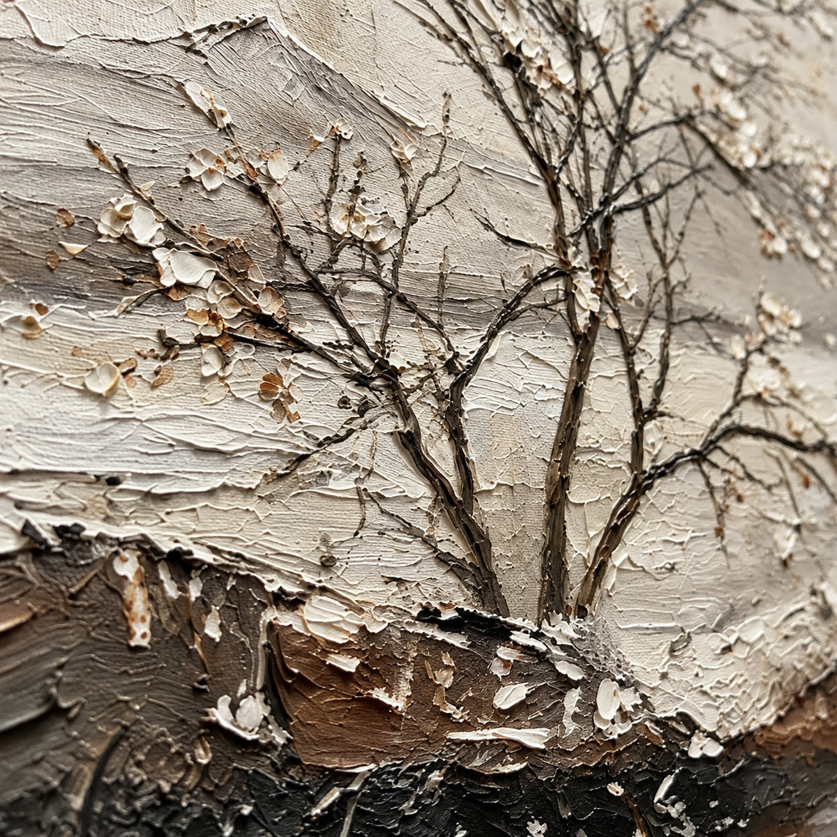 Winter-Contour oil painting brushwork and impasto detail photographed from an oblique side angle