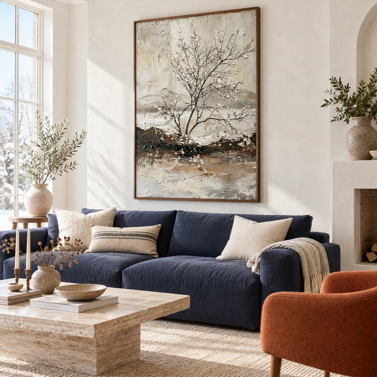 Winter-Contour as the focal artwork in a bright, open living room.