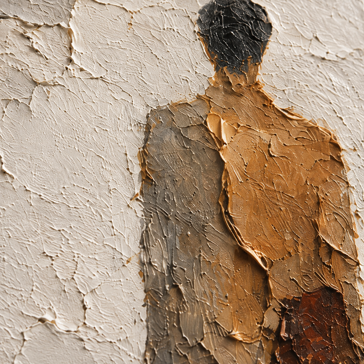 Oblique close-up of the oil painting’s raised paint, layered strokes and ivory, ochre and gray textures, with grazing light revealing shallow shadows.