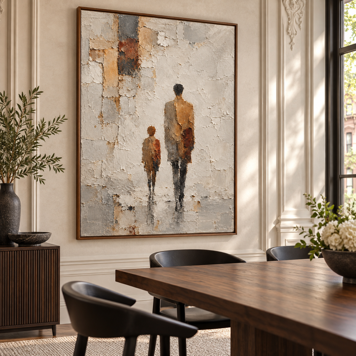 Vertical painting of two figures in a dining room with a long dark walnut table, sculptural black chairs and a limestone wall, viewed slightly from the right.
