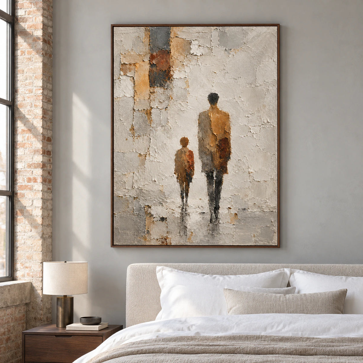 Vertical painting of two figures above a low bed with white bedding, cool pale gray walls and dark timber bedside details, viewed from an elevated left angle.