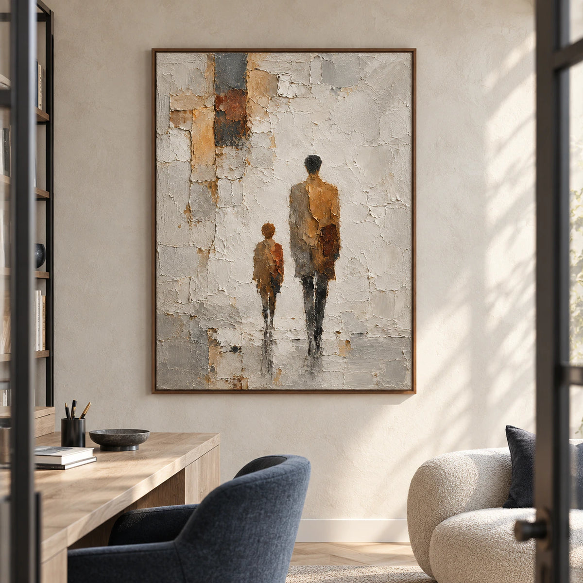 Vertical painting of two figures in a bright home office with a pale ash desk and deep blue-gray reading chair, viewed from the right at seated height.