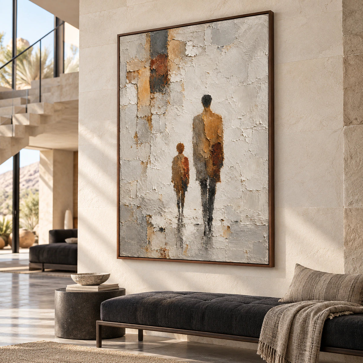 Large vertical painting of two figures in a bright foyer with a tall open stair, cool gray stone flooring and dark metal accents, viewed from a low left angle.